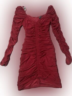 Windsor Ruched Wine Red Long-Sleeve Bodycon Dress